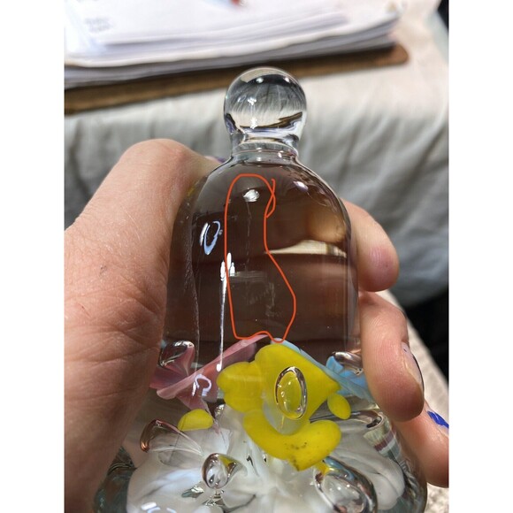 Vintage Joe St Clair Pink Yellow and Blue Flowers Green Leaves Bell Paperweight - Picture 11 of 12